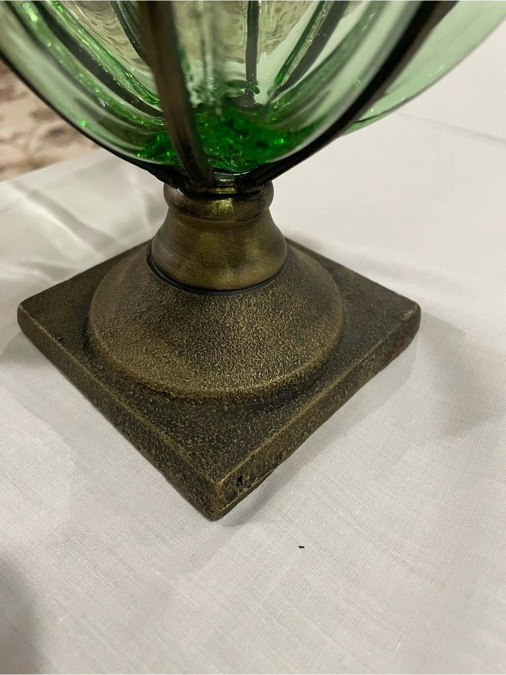 Vintage hand blown Caged green glass and wrought iron vase
